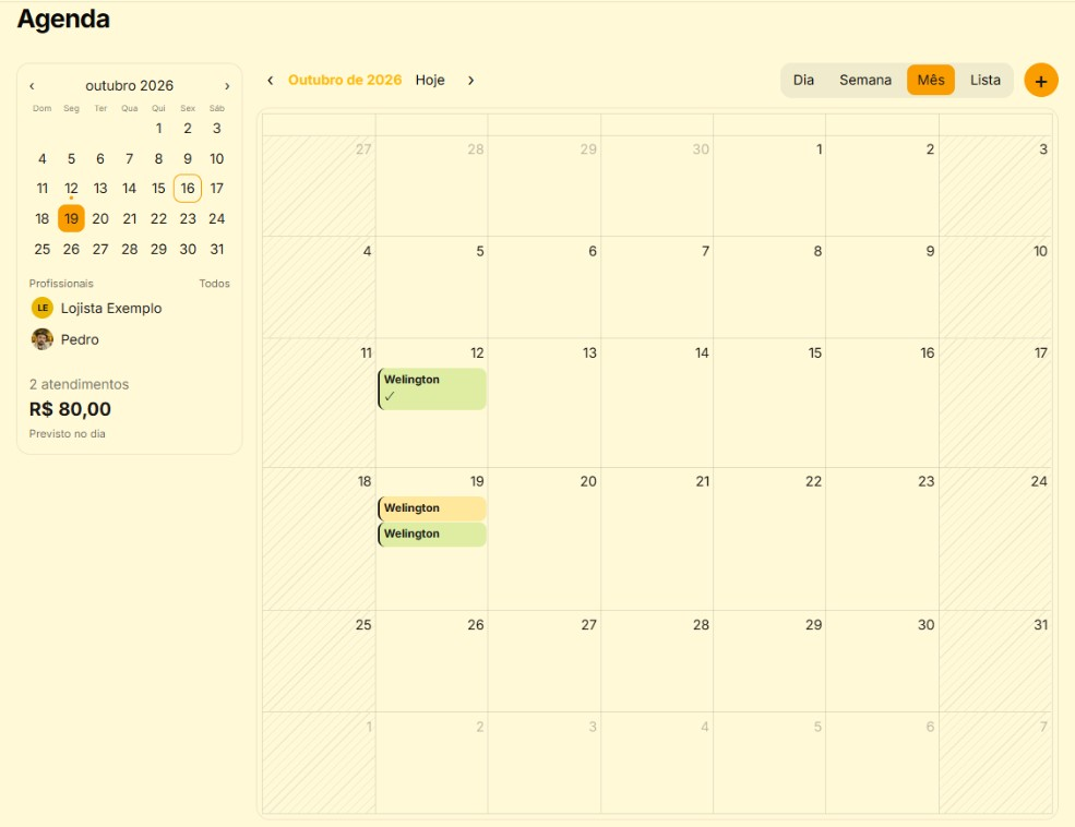 Agenda do mês no painel da barbearia, com os profissionais e o previsto do dia